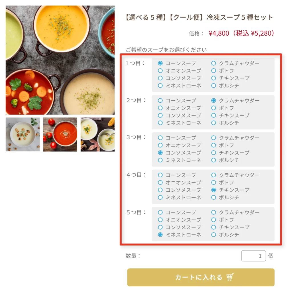 標準機能ではオプションの選択肢がプルダウンのところを、UI上はJavaScriptでラジオボタン形式になるよう改修